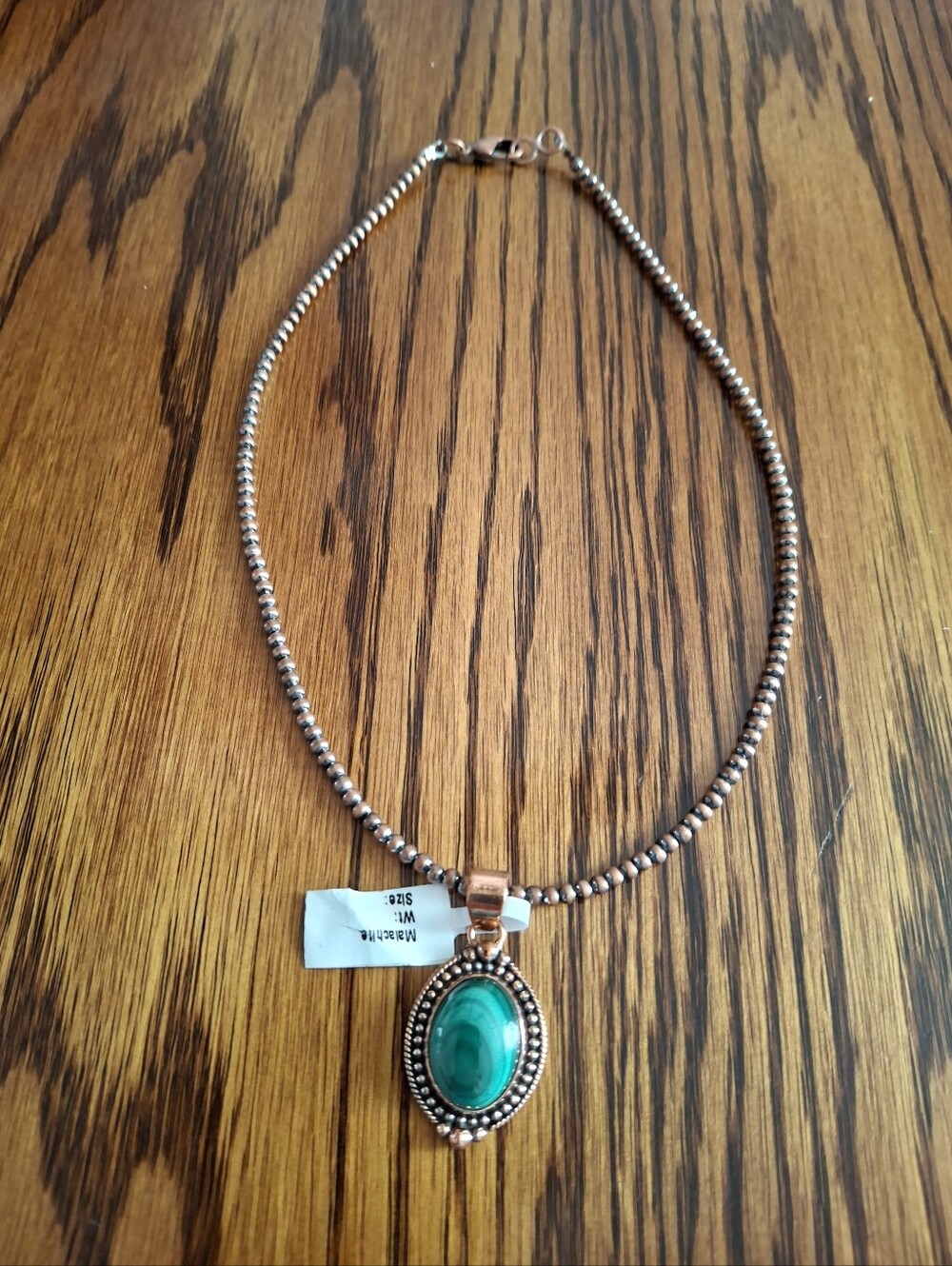 Desert Pearls Copper 2mm 16" Necklace  With Malachite Oval Natural Stone Pendant